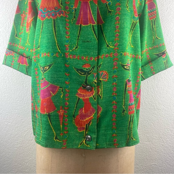 Vintage l 60s M Novelty Tribal Fashionista Kitty Black Cat Cuff Sleeve Blouse - Picture 3 of 16